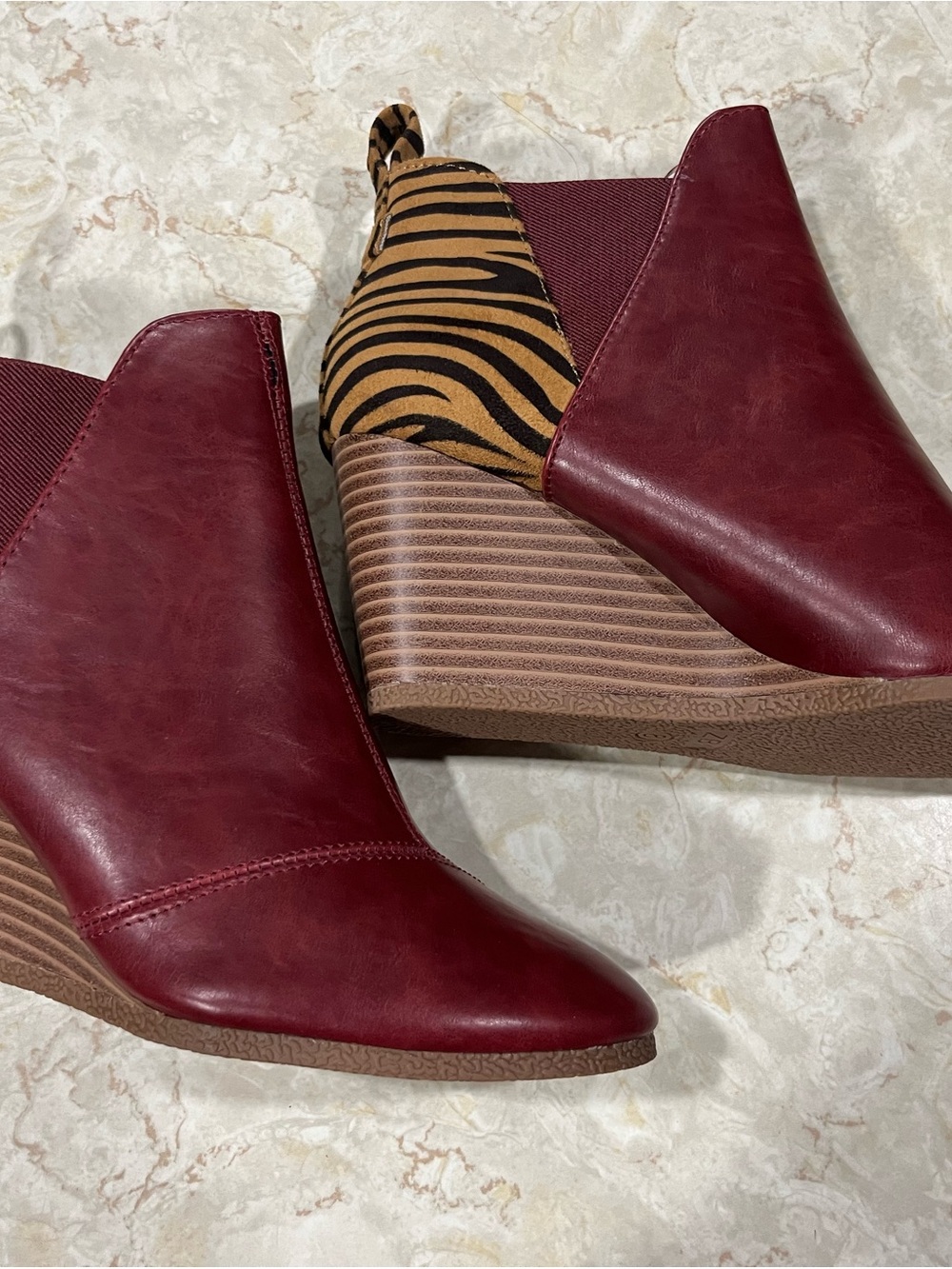 Burgundy Wedge Ankle Boot with Tiger-Print Heel Accent
